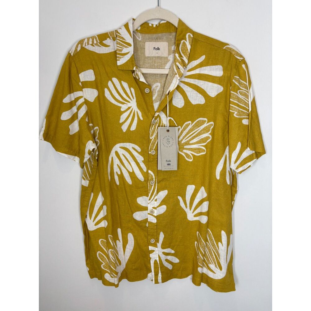 Folk Men's Linen Blend Hawaiian Tropical Boho Button Shirt Size Small New L26